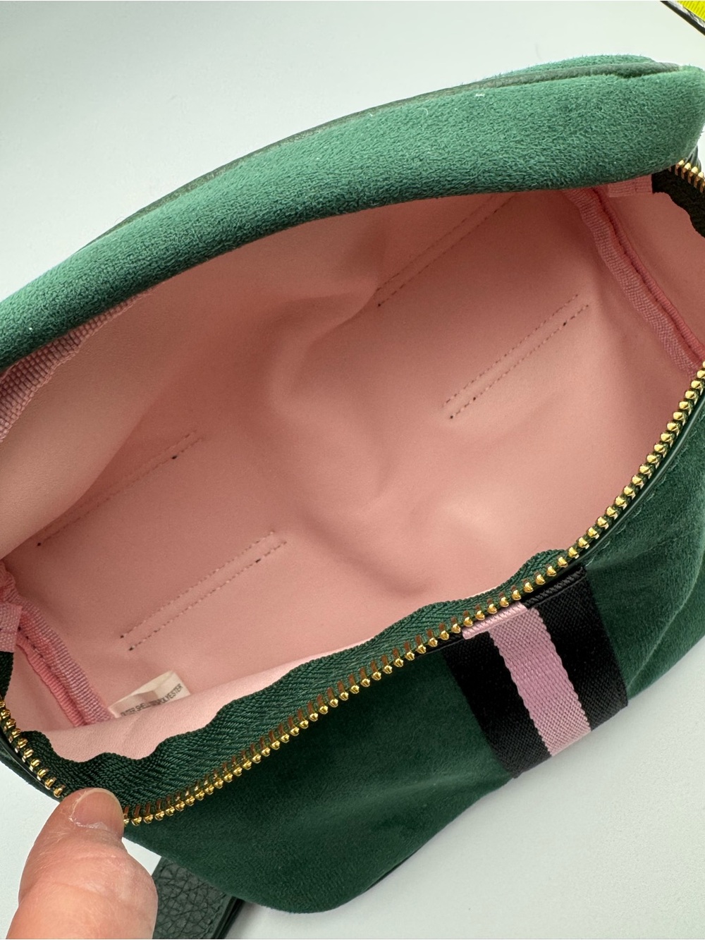 Dark Green Microfiber Crossbody Belt Bag with Pink and Black Accent Stripe - Picture 6 of 9